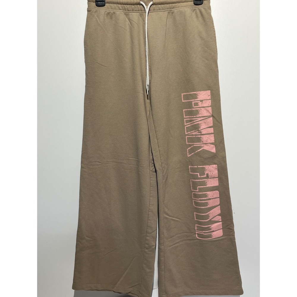 Pink Floyd Womens Tan Wide Leg Graphic Sweatpants Pink Logo Drawstring XL